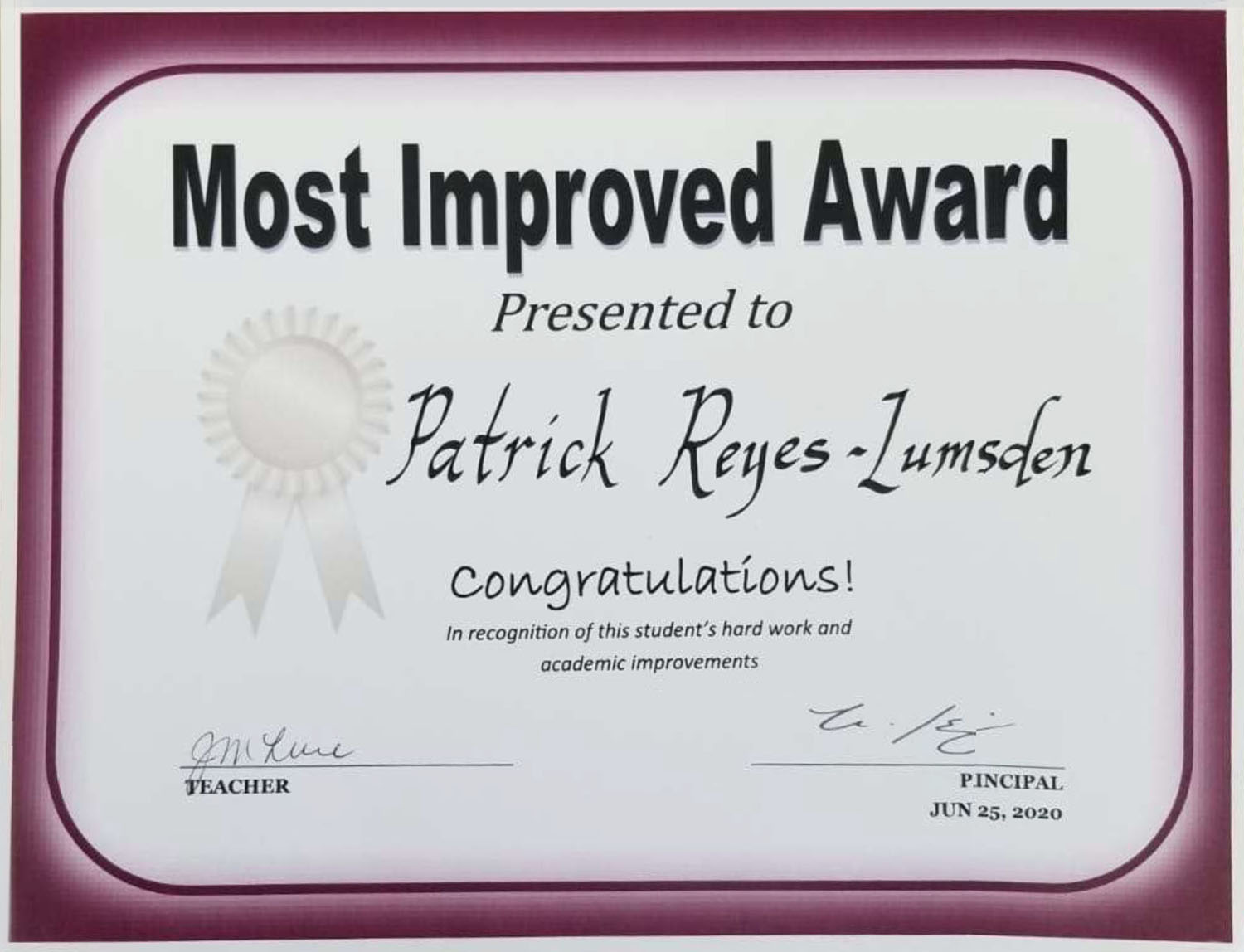 Patrick's Certificate-Most Improved