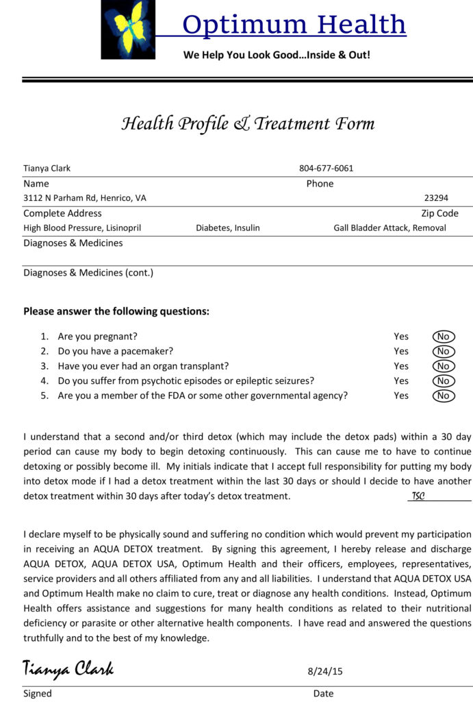 Health Profile & Treatment Form - Sample