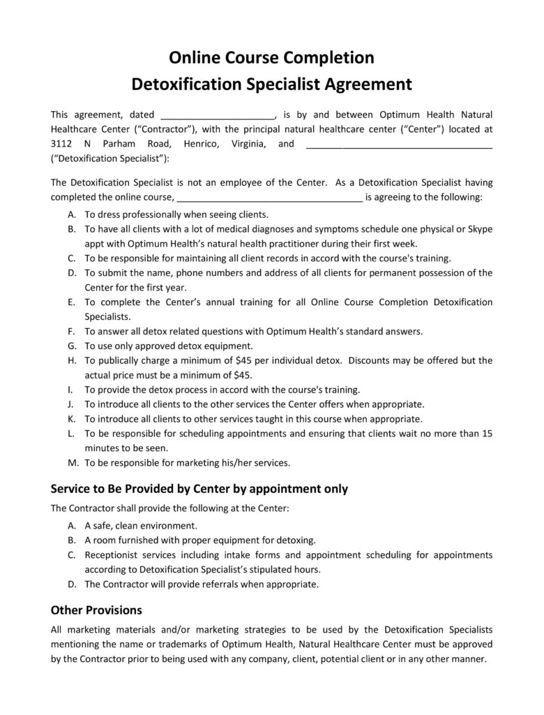 Online Course Detoxification Specialist Agreement