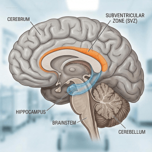 Natural Stem Cell Therapy can occur in the subventricular zone and hippocampus area of the brain.