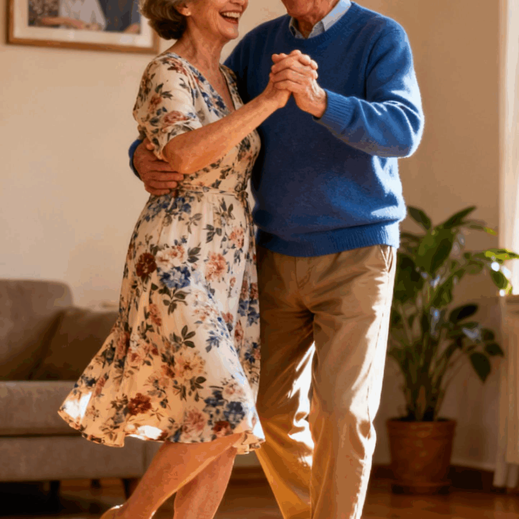 Elderly couple dancing because their joints feel better.