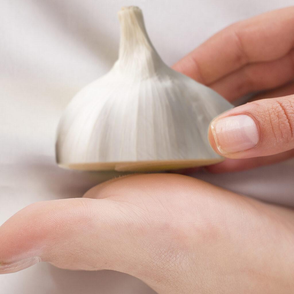 Garlic held on soles of feet for a few minutes will enter pores of the feet, the blood and eventually enter the lungs. When exhaling, the breath will begin to smell like garlic.
