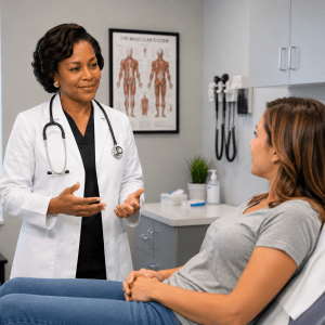 Tianya S. Santerre, B.S., CNHP seeing patients as a medical student.