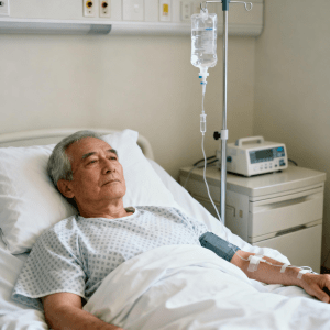 Dehydration And High Blood Pressure: Man in hospital bed with IV after being given medication for his high blood pressure.