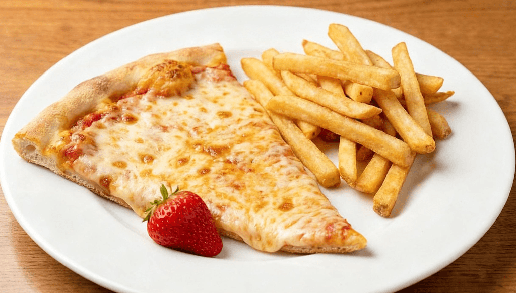 Big Plate Little Plate: pizza fries and strawberry on a big plate