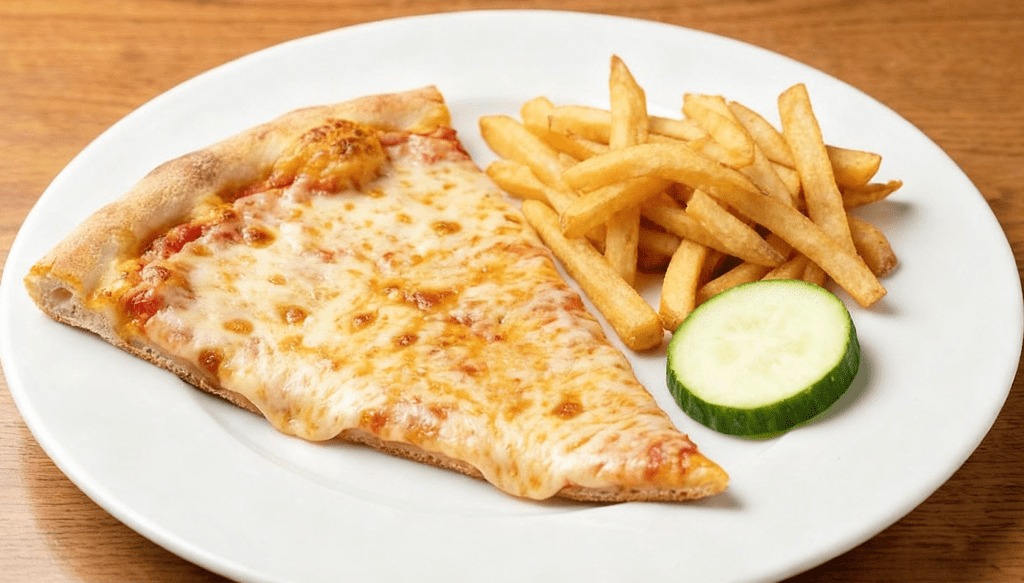 Big Plate Little Plate: pizza fries and cucumber on a big plate