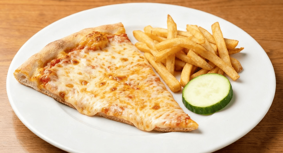 Big Plate Little Plate: pizza fries and cucumber on a big plate